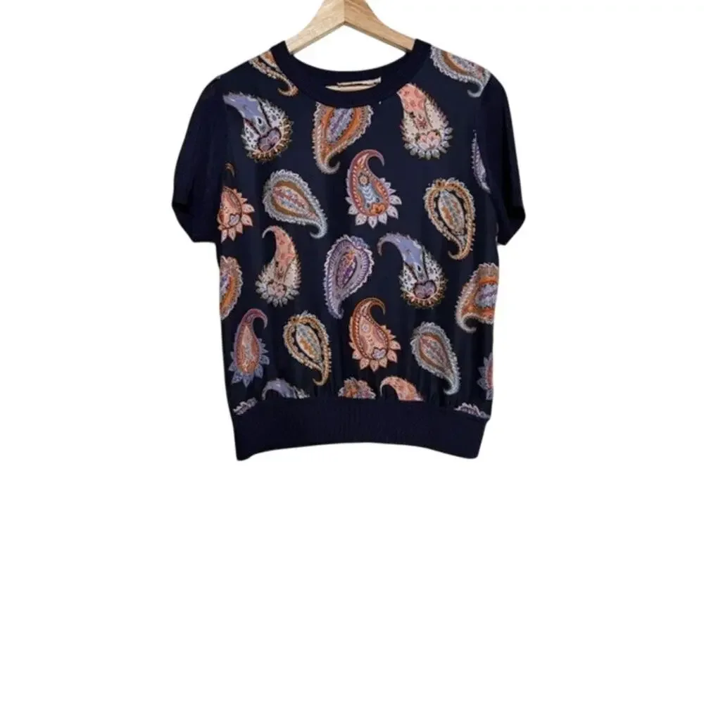 Tory Burch Silk Blouse S Navy Paisley Short Sleeve Knit Trim Luxury Top